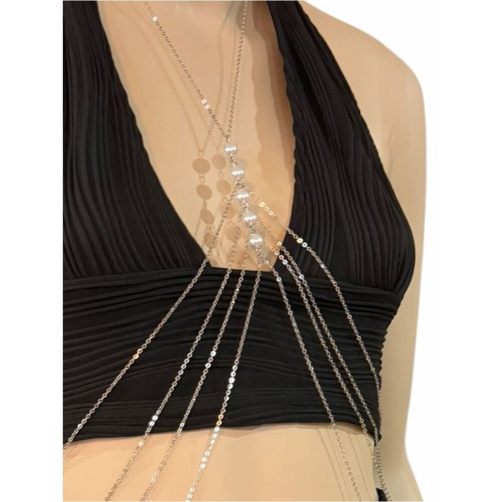 Silver Multi Layer Chains Pearl Chest Harness NWT